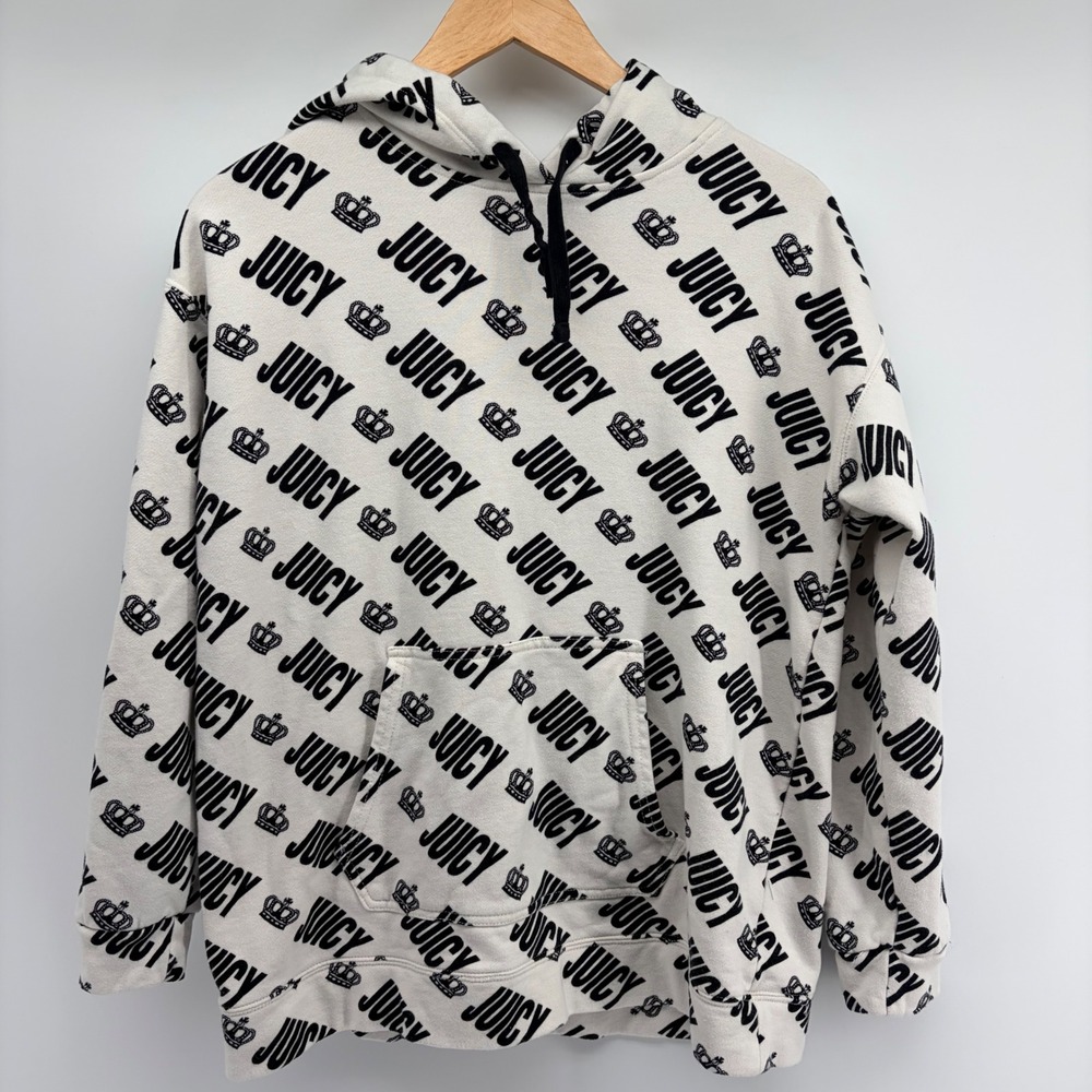 Juicy Couture Hoodie Womens Large White Black All Over Logo Crown Print Pullover